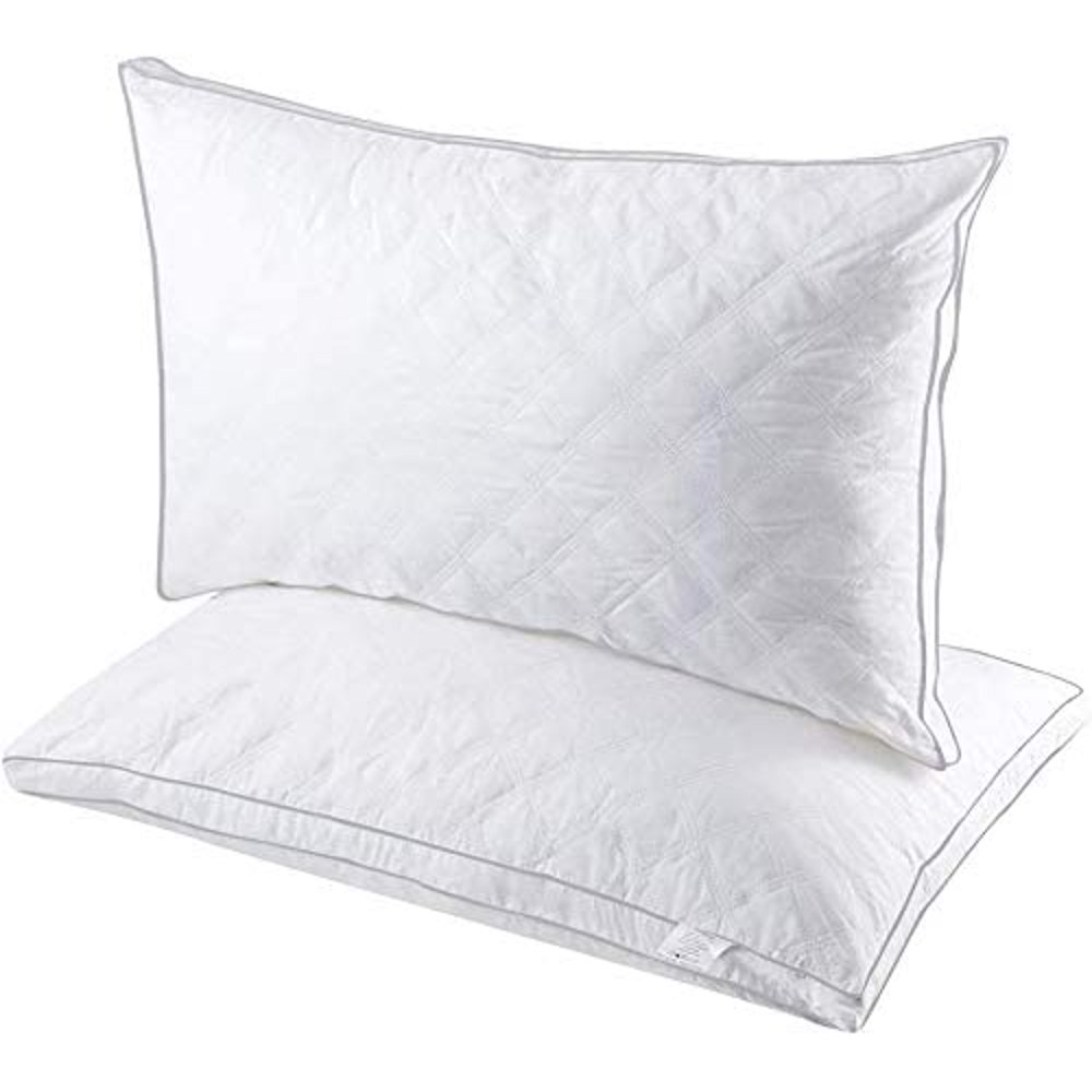 Gusseted Quilted Bed Pillows Extra Firm (Queen, Light Grey Piping) Set