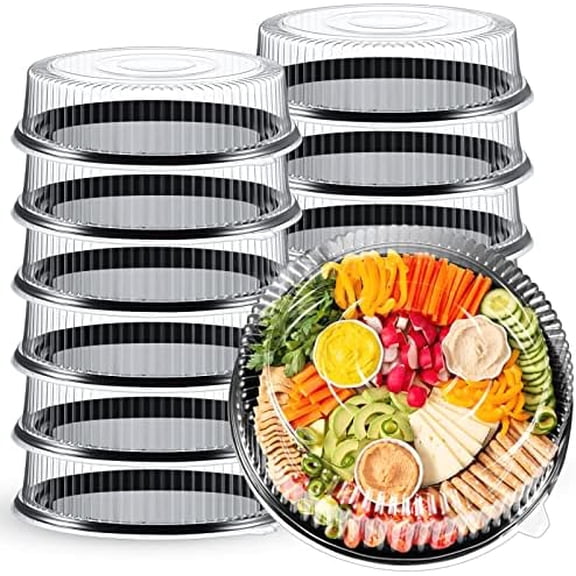 12 Pieces Serving Trays with Lid 18 Inch Plastic Party Platters with Lids Heavy Duty Black Round Large Stackable Plastic Catering Food Tray for Serving Appetizers Veggie Takeout Food Picnic