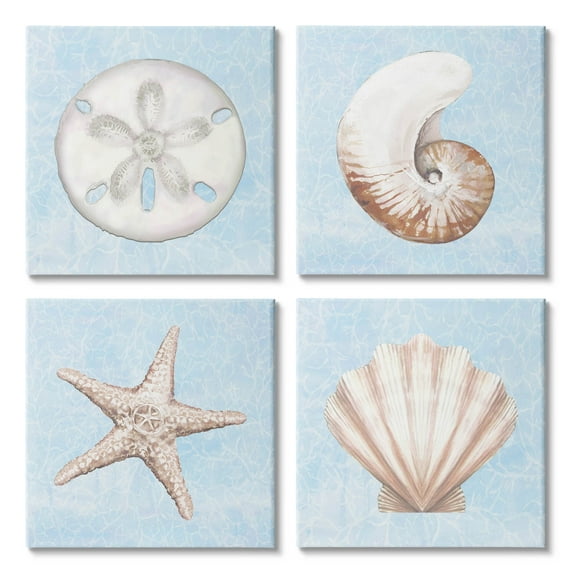 Water Patterned Sea Life Shells Animals & Insects Graphic Art Gallery Wrapped Canvas Print Wall Art, Set of 4