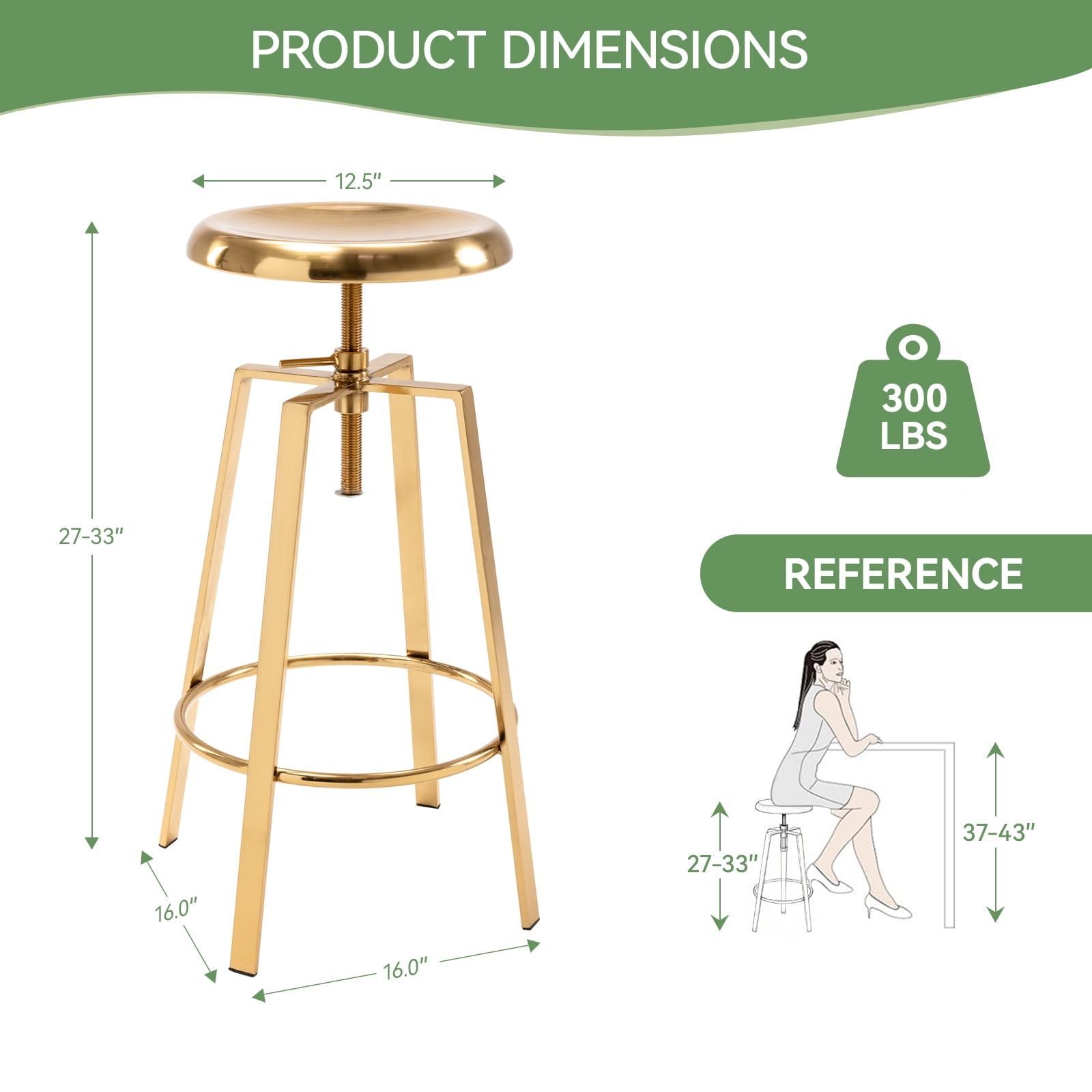 Industrial Bar Stools Set of 2, Metal Adjustable Swivel Four Legged Round Barstools, Atlas Backless Counter Height Bar Chairs for Kitchen Dining, Gold