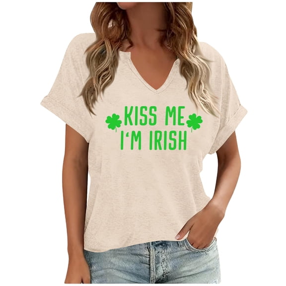 Uootdi St Patricks Day T Shirts for Women Cute V-Neck Short Sleeve Festival Gift Tops Lucky Irish Shamrock Clover Print Graphic Short Sleeve Tees Gift