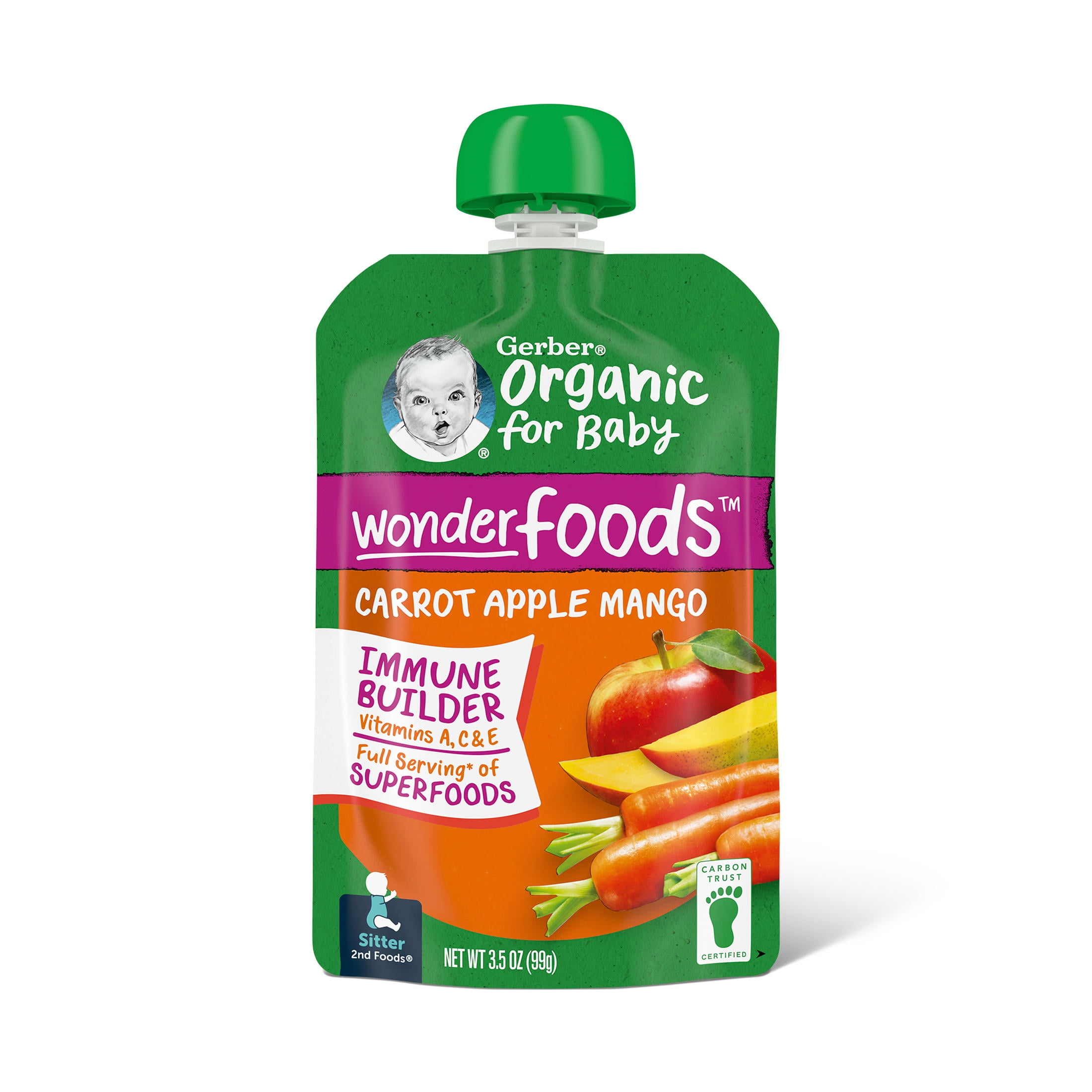 Gerber Organic Stage 2 Baby Food Puree, Carrot Apple Mango, 3.5 oz Pouches