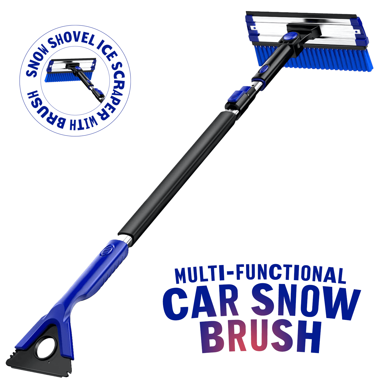 Car Snow Brush and Ice Scraper, 39” to 49” Extendable Snow Broom for Small Car  with Soft Grip, Pivoting Head and Detachable Car Ice Scraper (Blue) 