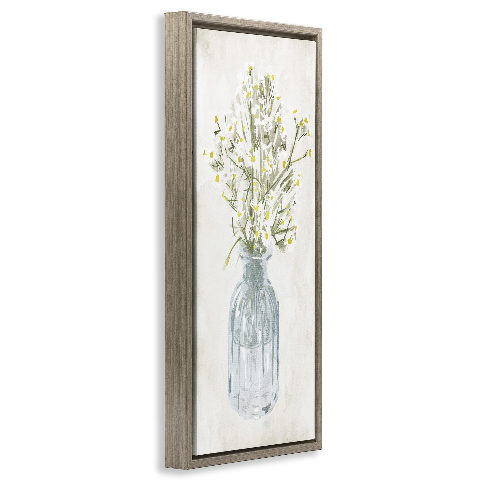 Stupell Industries Quaint White Daisies in Jar Botanical & Floral Painting Brown Floater Framed Canvas Art Print Wall Art, 11 x 25