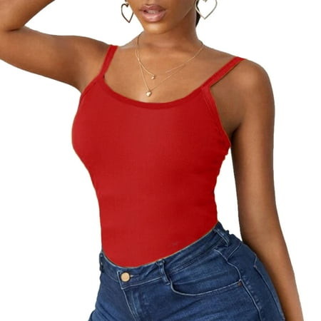 

KDDYLITQ Cami for Women Crew Neck Casual Slim Fit Solid Color Sleeveless Tops Red XS