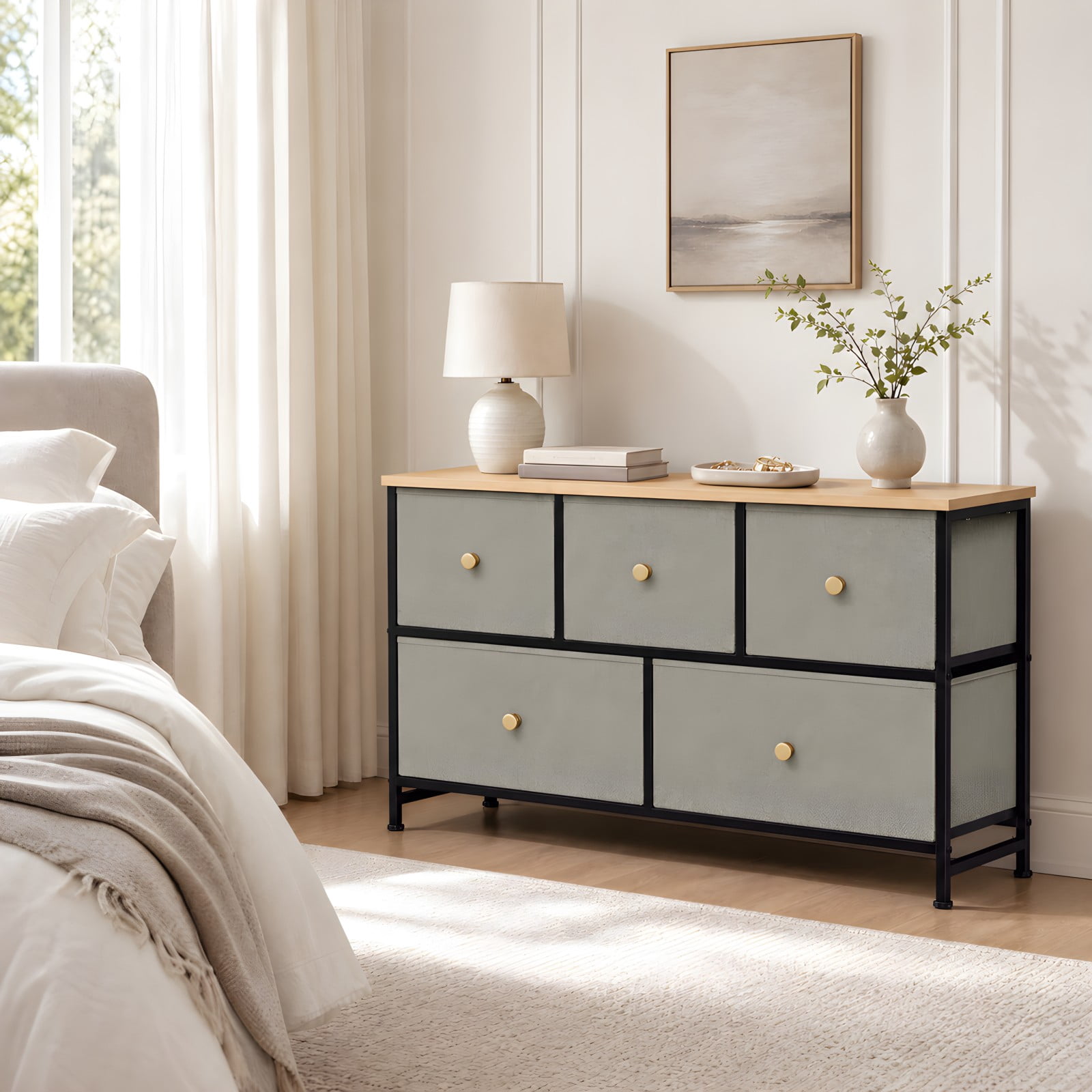 Telyra 5-Drawer Fabric Dresser TV Stand Organizer with Wood Top and Metal Frame, Greyish Green