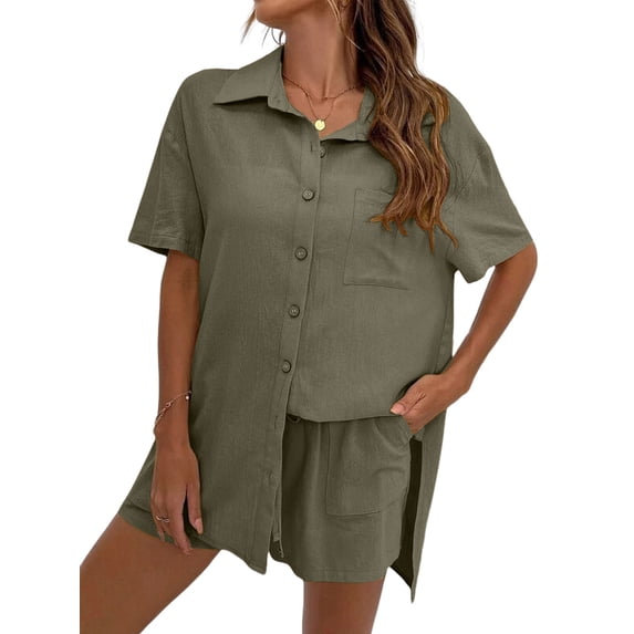 Hanerdun Women Button Pajamas Set Female Short Sleeve Loungewear Pjs Green S