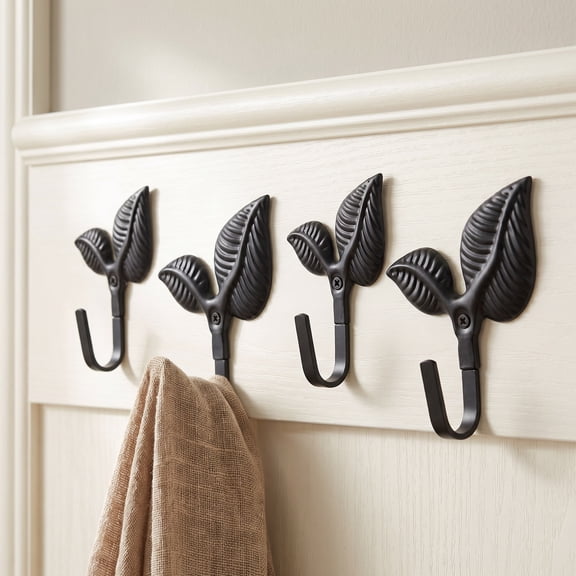 GAXIRE Set of 4 Black Vintage Leaf Wall Hooks, Iron Art Decorative Wall-Mounted Coat, Hat, and Key Hangers for Home