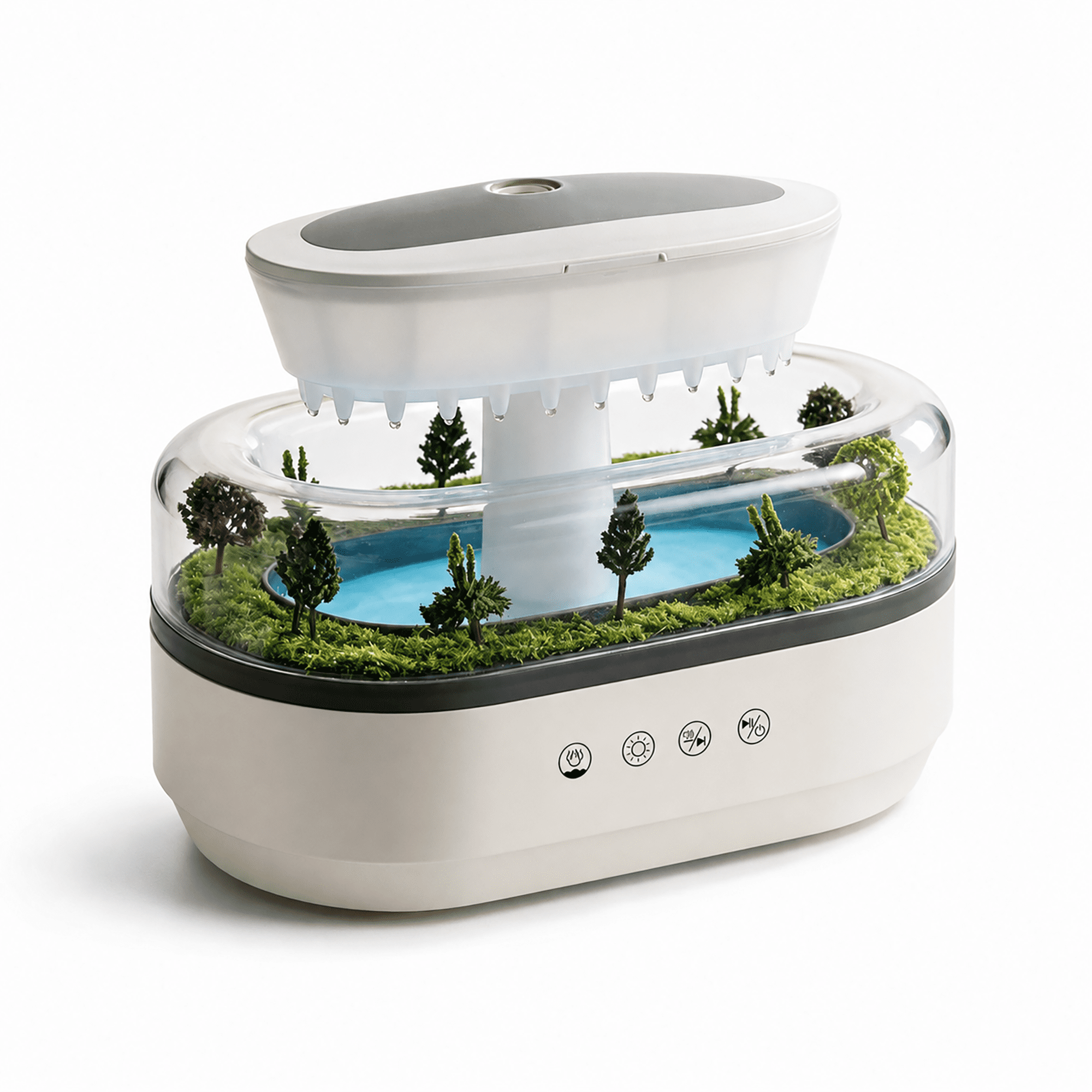 Rain Humidifier for Bedroom, Aromatherapy Oil Diffuser, Automatic Power-Off Protection, White Noise & Music, 7-Color LED Lights