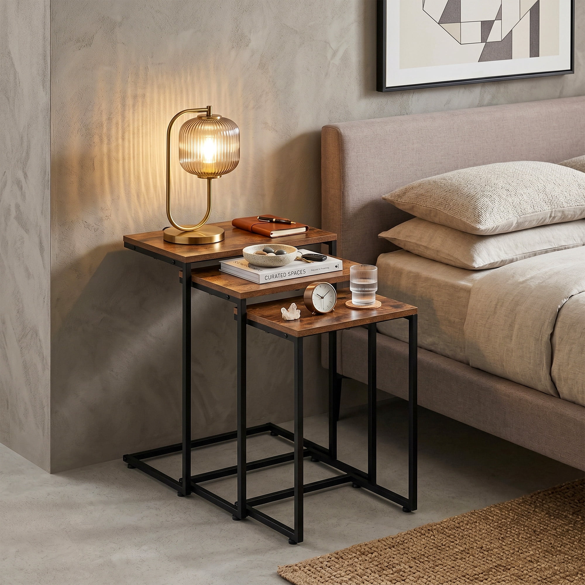 HomGarden Set of 3 Industrial Nesting Sofa Side Table Indoor MDF C-shaped Stacking End Table Rustic Brown