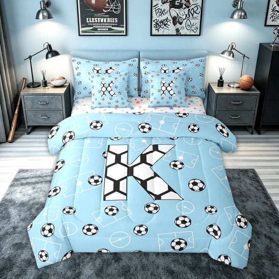 meiyoeat Soccer Letter K Twin Bedding for Boys Kids, Ball Field Bedding Comforter Set for , Blue, Colorful Stars Reversible, 7-Piece