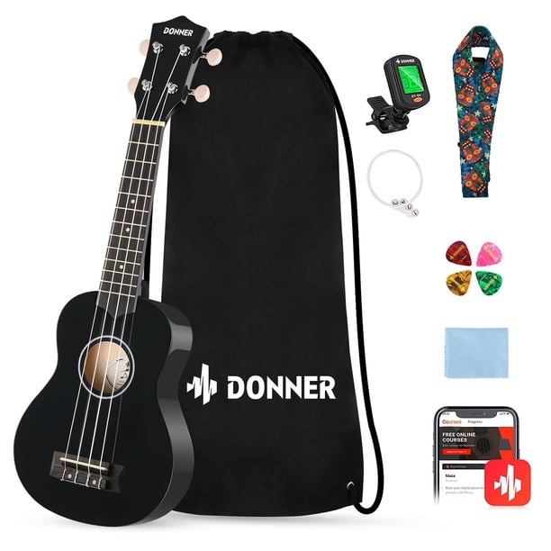 Kit de inicio para ukelele Donner Soprano de 21 pulgadas con lecciones negras