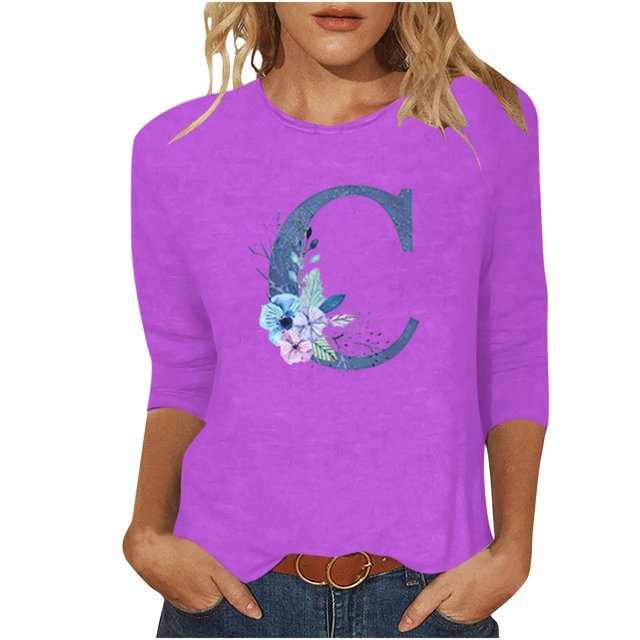 Yuyuzo Vêtements de Mode Automne pour Femmes T-Shirts Graphiques à Manches 3/4 Col Rond Ajusté Tunique Violet