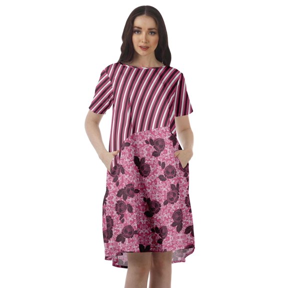 Moomaya Short Sleeve Dresses Women Scoop Neckline Printed Dresses With Pockets