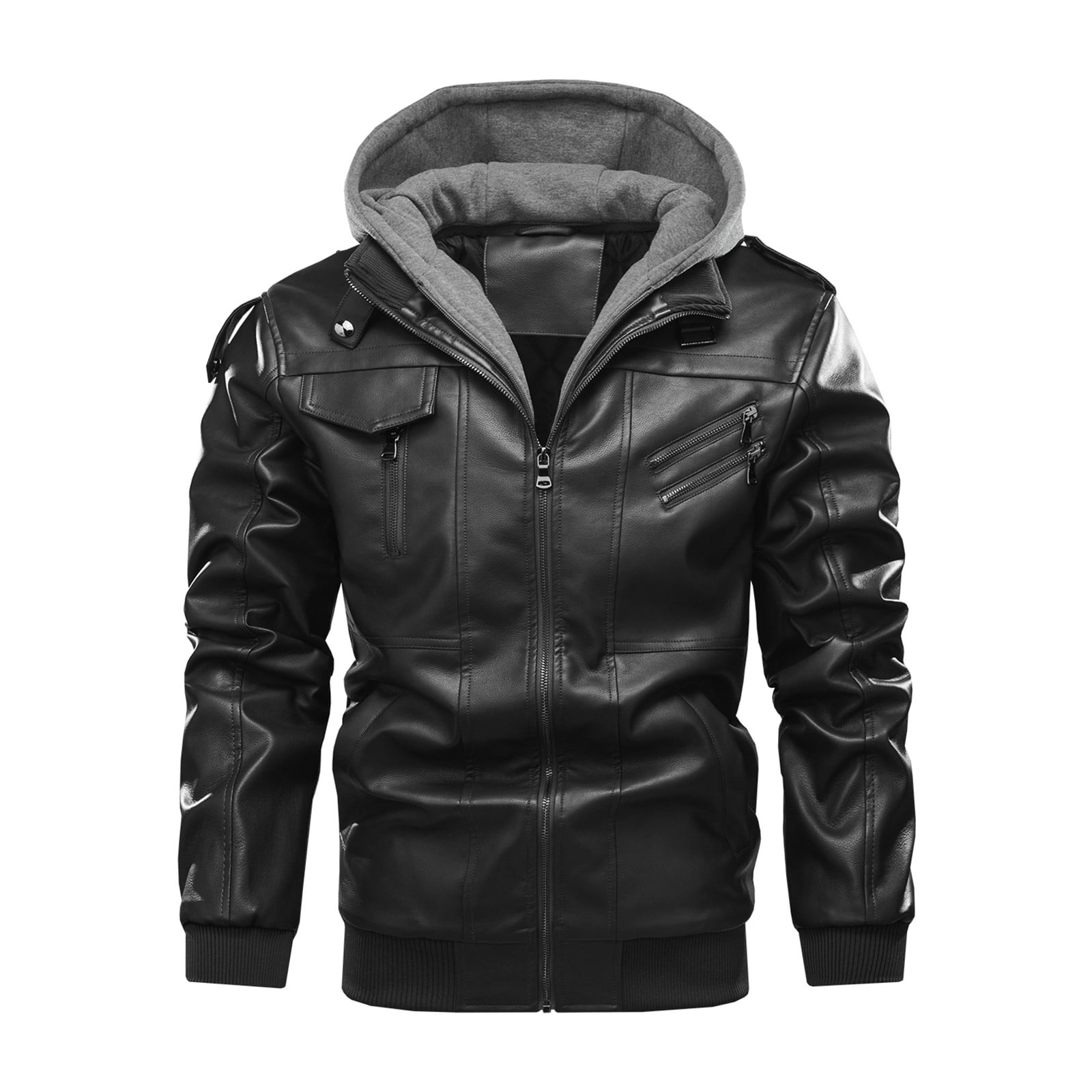 IYTR Men's Winter Warm Faux Leather Hooded Jacket with Hood Thickened Fleece Lined Pockets Zipper Motorcycle Outwear Coats Black M