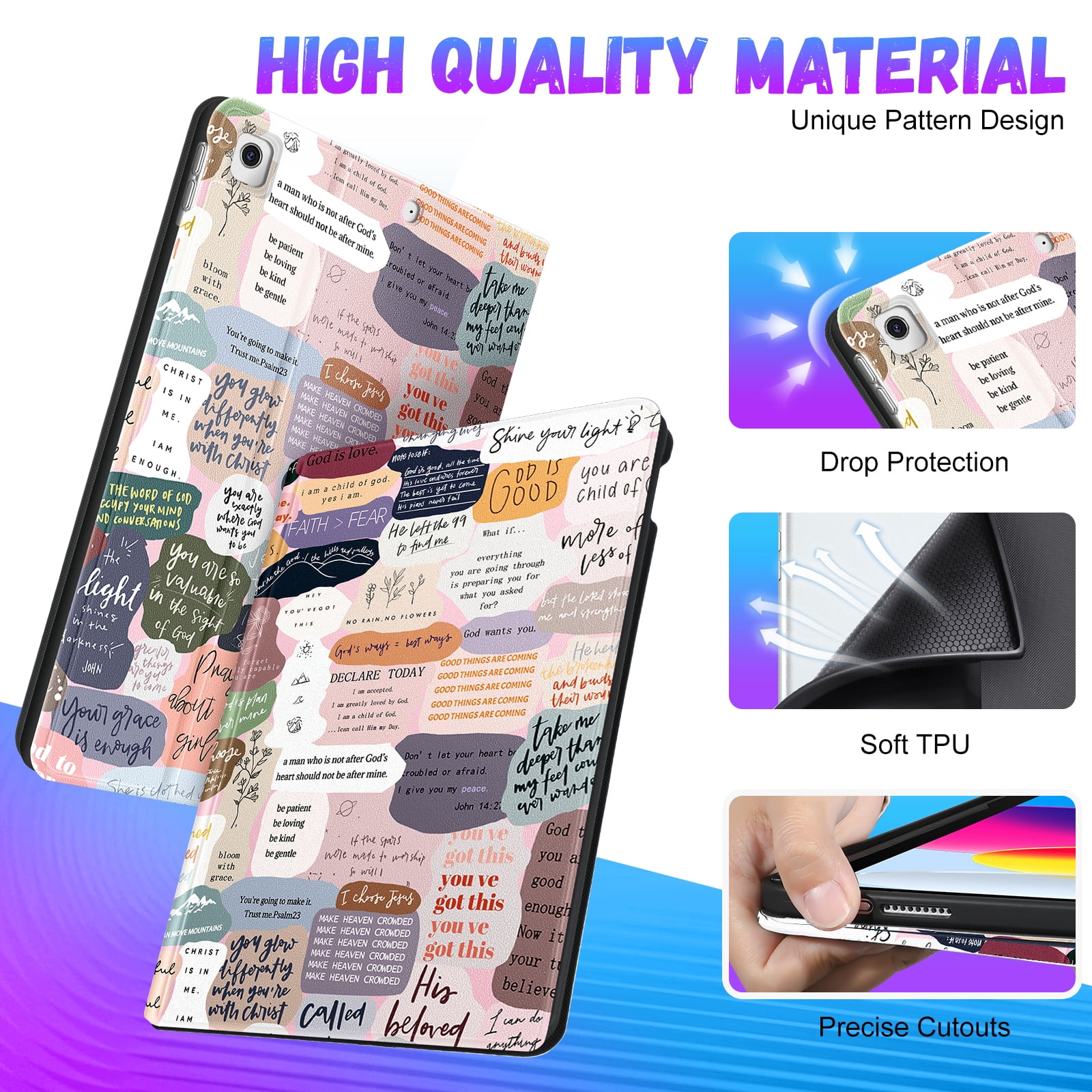 Gemfits Case for iPad 7/8/9 - Flexible Soft TPU Stand Back Cover with Pencil Holder, Auto Sleep/Wake, Active_Text
