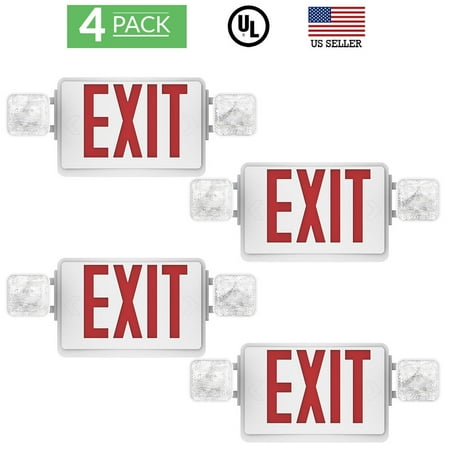 Housing Battery Backup Exit Sign - 4 PACK - UL Listed- Single/Double Face LED Combo Emergency EXIT Sign with 2 Head Lights and Back Up Batteries- US Standard Red Letter Emergency Exit Light