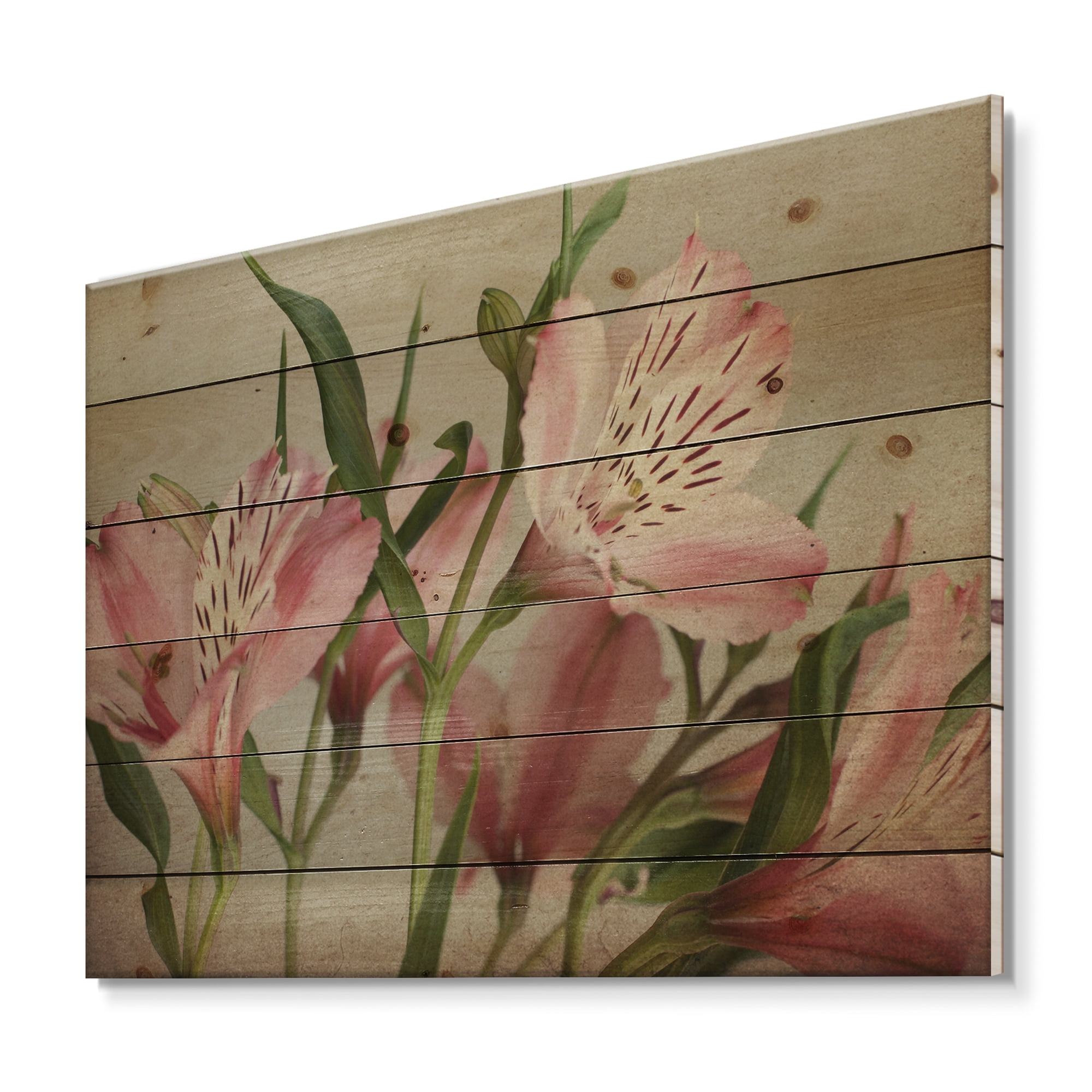 Designart 'Alstroemeria Flower Retro ' Traditional Print on Natural Pine Wood