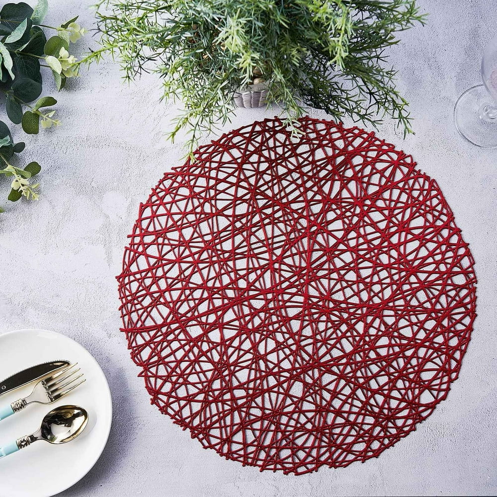 Efavormart 6 Pack 15" Red Round Woven Vinyl Placemats Non Slip Dining