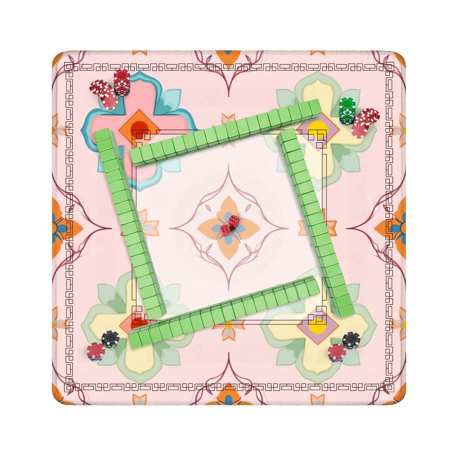 Mahjong Mat 31.5" x 31.5" Colorful Floral Geometric Pink Green Orange Motifs Non-Slip Noise Reduction American Mahjong Tiles Table Cover for Dominoes Poker Card Board Games Gift