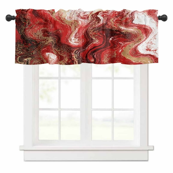 Abstract Fluid Valances for Windows Vintage Gold Red Marble Texture Rod Pocket Curtain Valance Window Treatment Short Curtains for Kitchen Living Room, 54"x18"