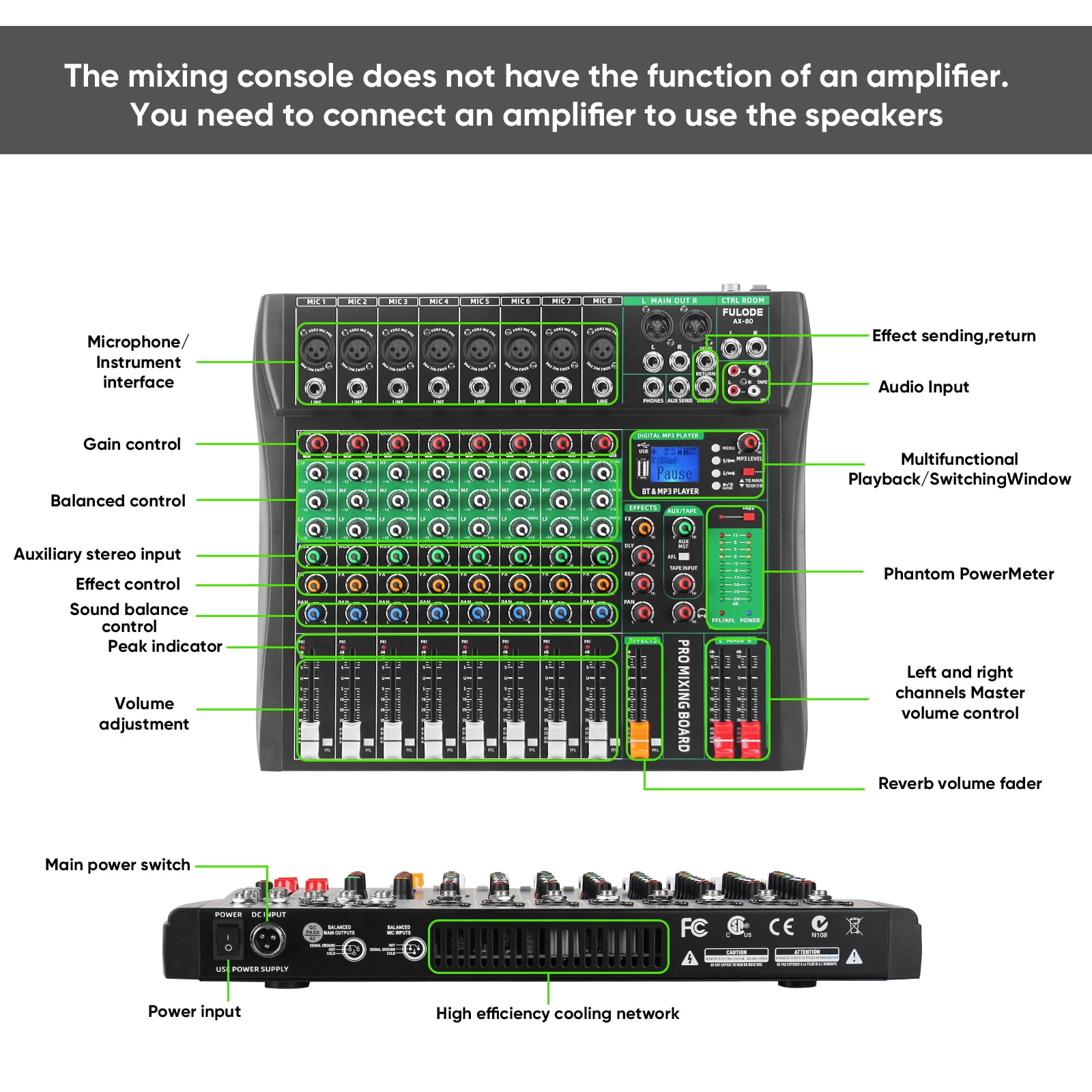 FULODE Audio Mixer 8 Channel Digital Mixer, Professional Bluetooth Sound Board DJ Mixers with 48V Phantom Power, USB Interface Stereo Mixing Console Analog Mixer for Karaoke Podcasting (AX-80)