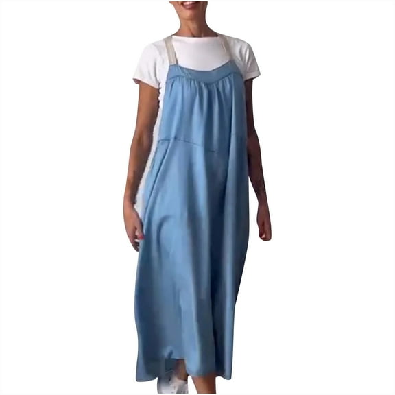 BangWanChi Boho Dresses for Women 2026 Women's Fashion Summer Suspenders Without Sleeves Solid Color Ankle-length Dress