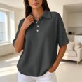 thumbnail image 4 of Yyuenw Women Lapel Collar Half Button Waffle Knit Drop Shoulder Short Sleeve Polo Solid Color Top for Casual Daily, 4 of 7