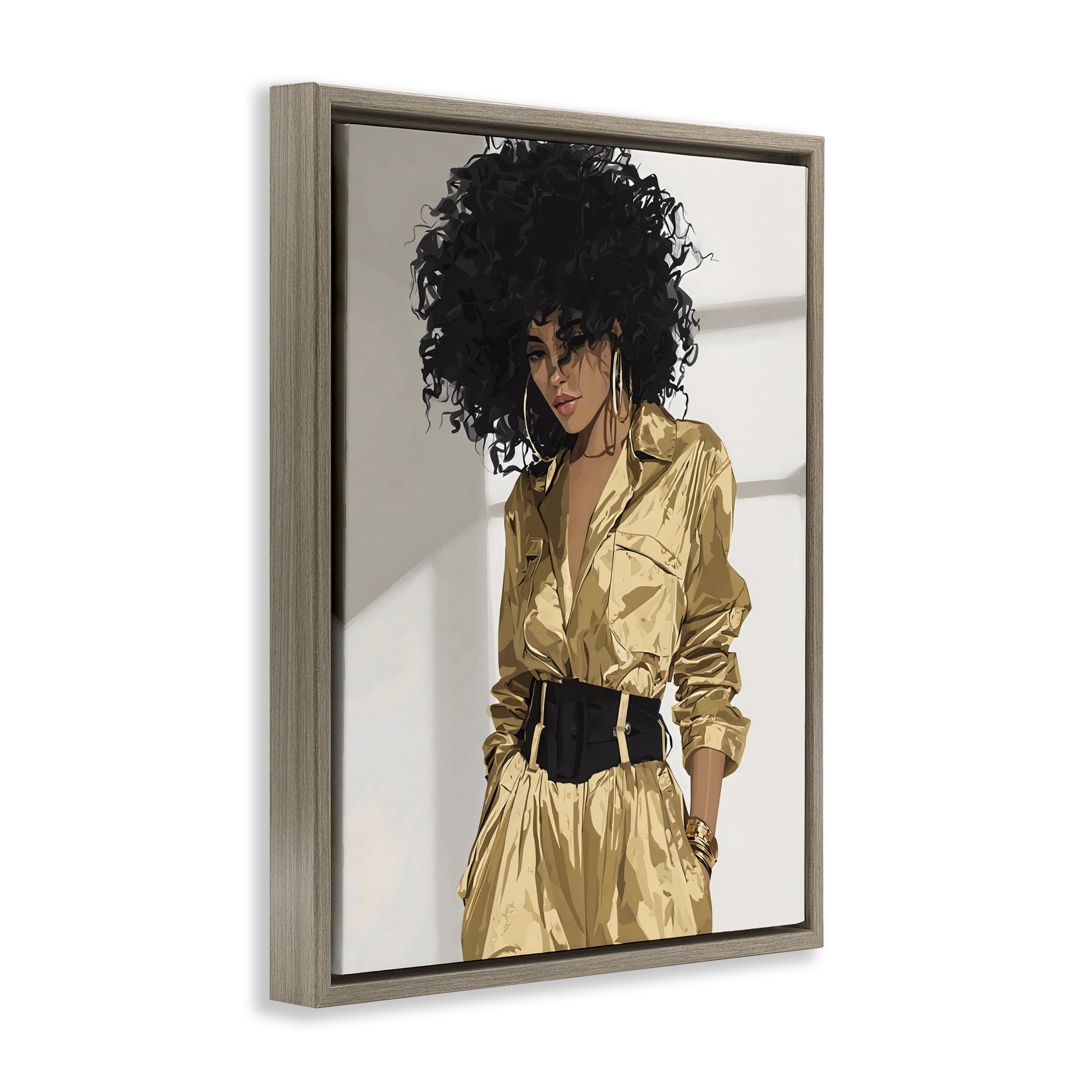 Stupell Industries Elegant Woman in Chic Jumpsuit Brown Framed Floater Canvas Wall Art, design by Franklyn Gregory