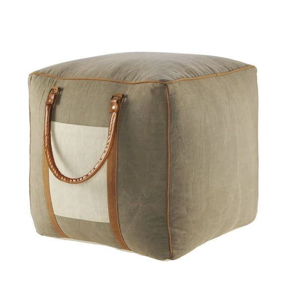 Laddha Home Designs 20" Gray and Ivory Faux Leather Handmade Square Pouf Ottoman with Handles