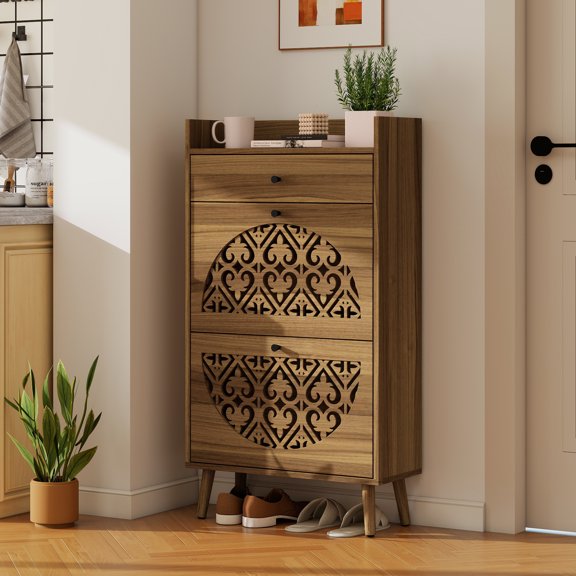 Shoe Storage Cabinet, MDF Shoe Organizer with Semi-Circular Cutout Doors, Double-Tier Removable Shoe Trays, Pine Wood Feet, Anti-Tip Wall Anchor, Wall-Protection Back Panel for Entryway