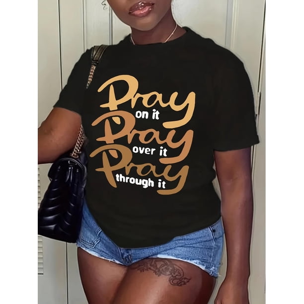 Pray Letter Print T-shirt, Casual Crew Neck Short Sleeve Top For Spring & Summer, Women's Clothing Tee For Adult, Men, Women, Teen, Teenager, Adolescent, Youth