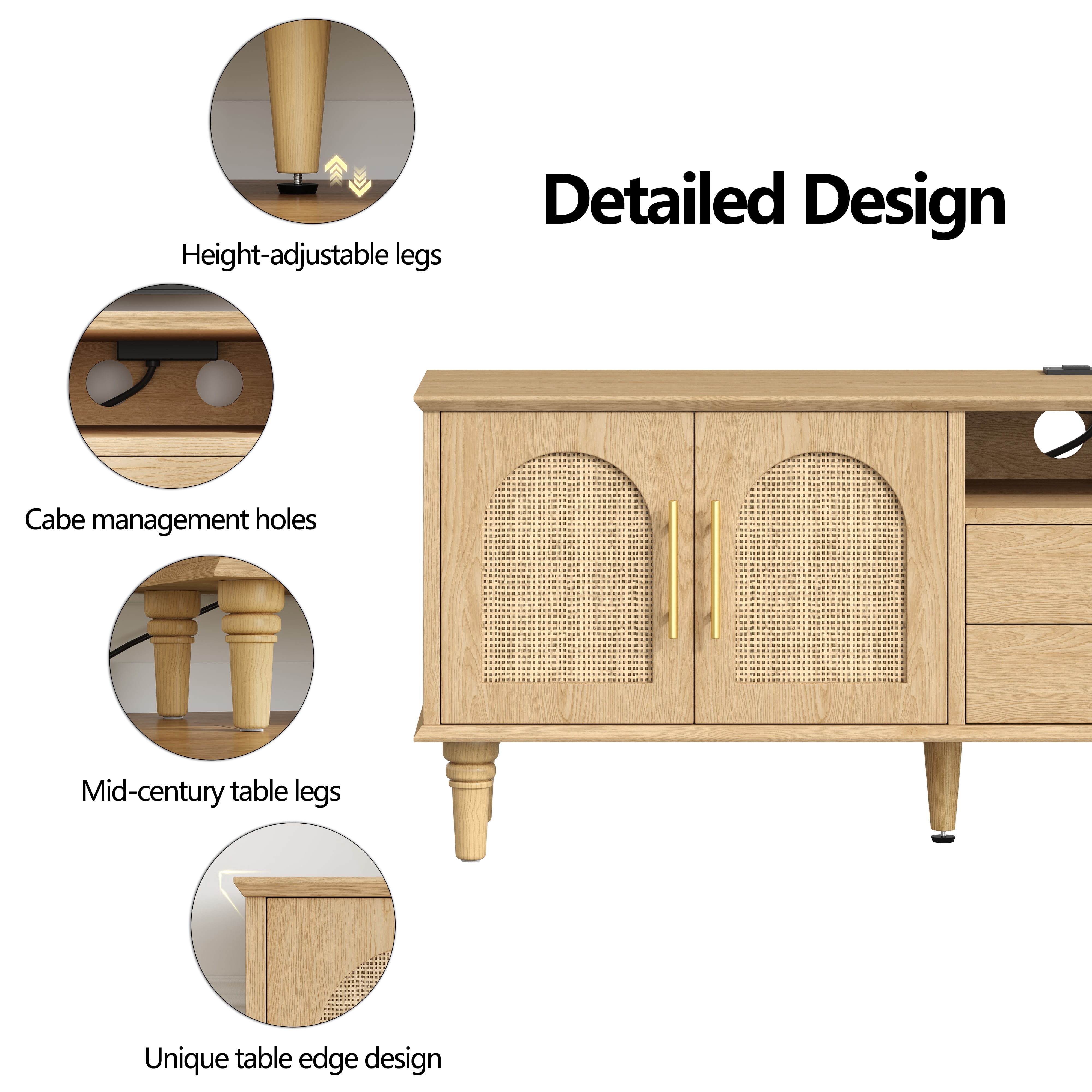 Rattan TV Stand for 75 inch TV, 63"W Entertainment Center with Power Outlet & Storage Cabinet, 2 Drawers & Doors, Adjustable Shelf, Modern Media TV Console Table for Living Room, Bedroom, Natural Oak