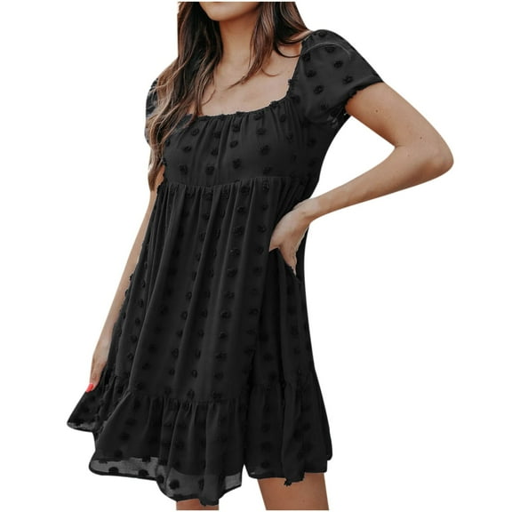 AOOCHASLIY Clarance Dresses for Women 2022Women Chiffon Pom U-Neck Ruffles Solid Colid Short Sleeve Short Skirt Elegant Mini Dress