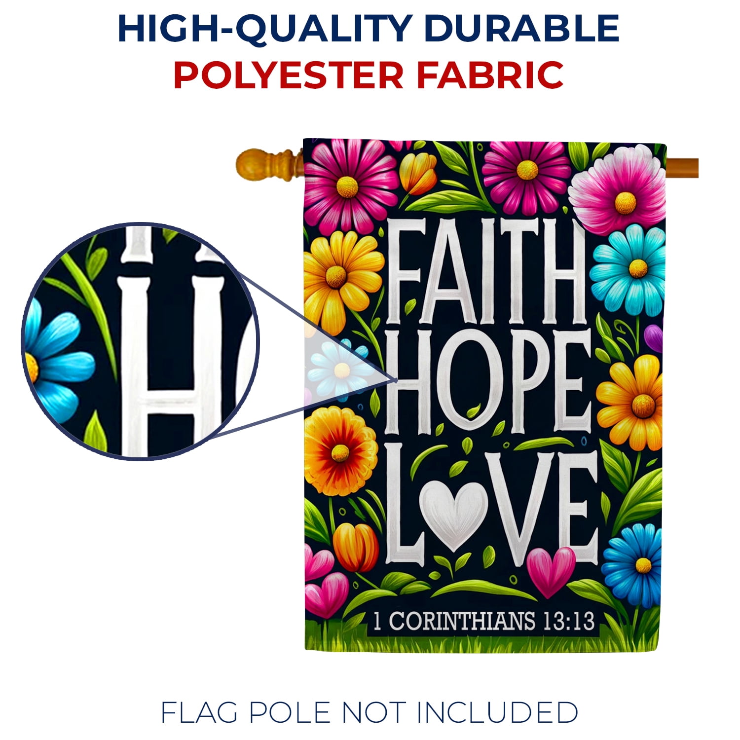 America Forever Faith Hope Love House Flag, 28 x 40 inch Double Sided, 1 Corinthians 13:13 Scripture Floral Christian Religious Inspirational Outdoor Decor