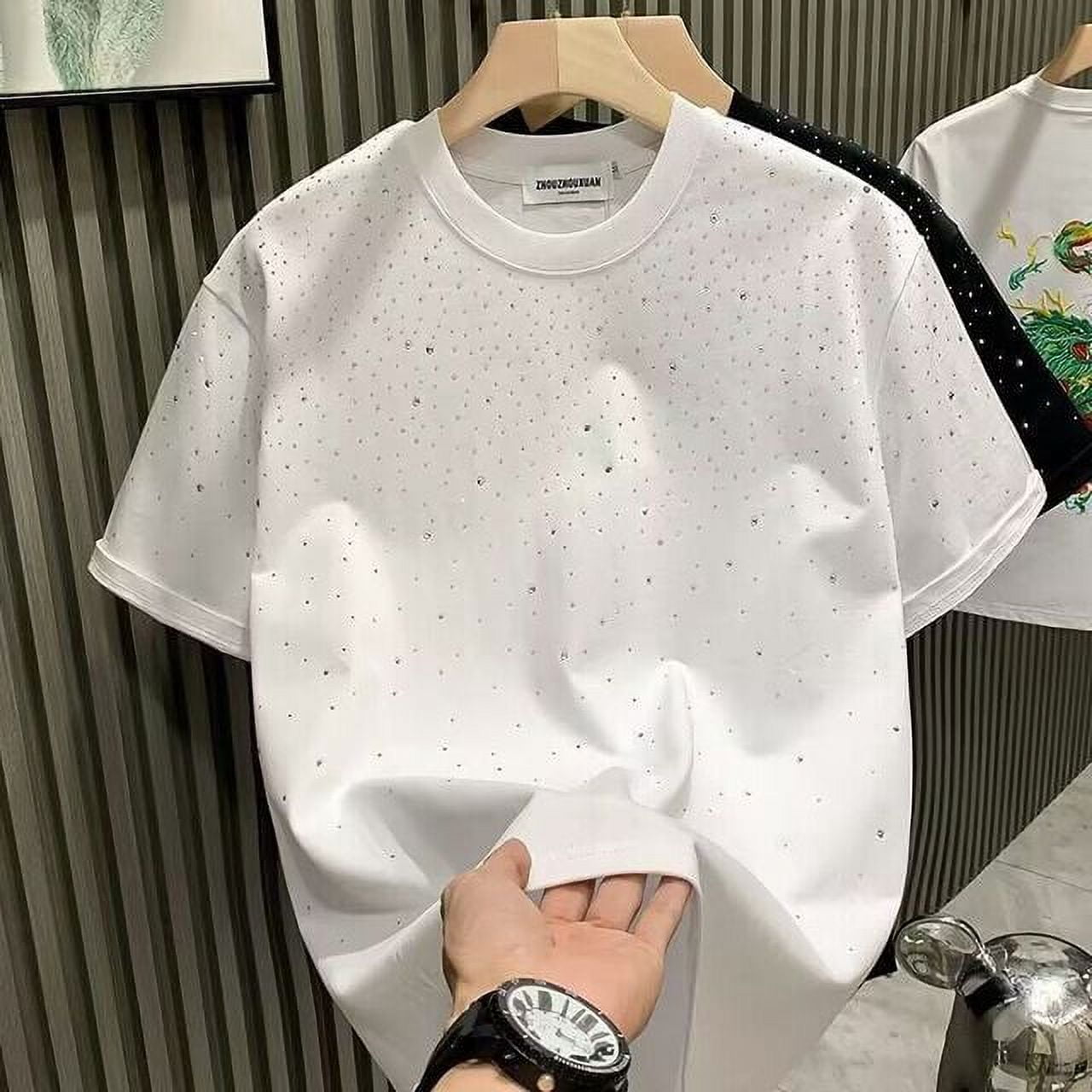 Summer Rhinestone Rivet T-shirt for Men Clothing Round Neck