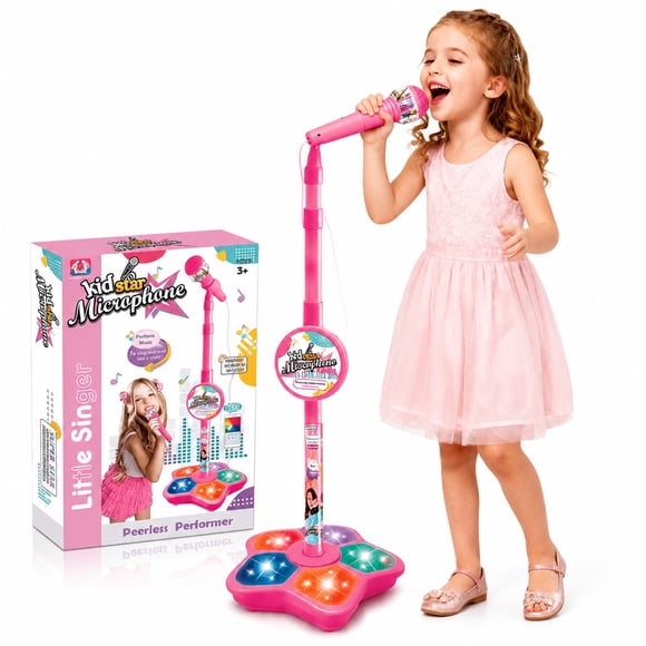 Funtogether toys Kids Microphone with Adjustable Stand, All-in-One Karaoke Toy with Speaker and LED Lights, Pink