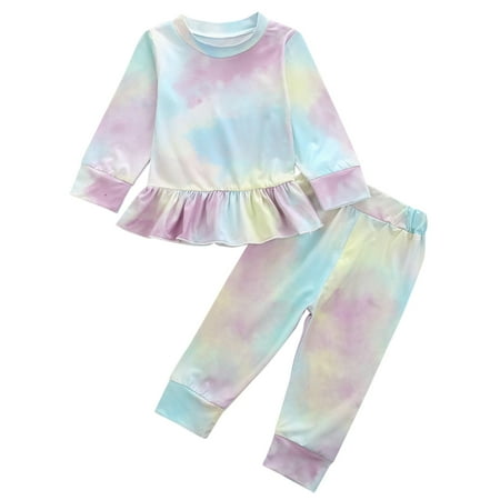 

Kids Toddler Baby Girls Autumn Winter Colorful Ruffle Cotton Long Sleeve Pants Set Clothes For 6-12 Months