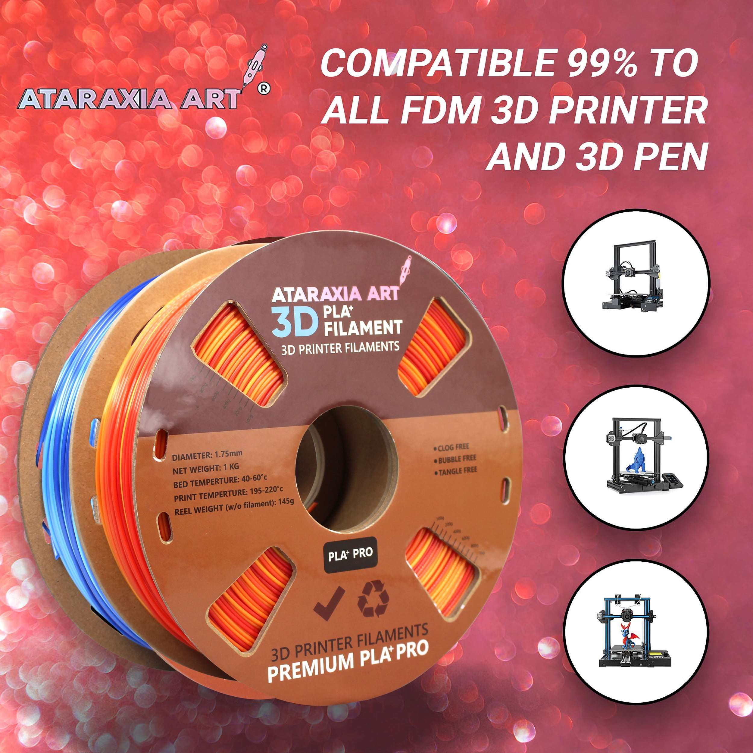 Ataraxia Art Fire Red Silk PLA Filament,3D Printer Silk Gold Yellow Red Shiny Filament 1.75mm,1Kg/2.2lb, Extra Filament Storage Bag