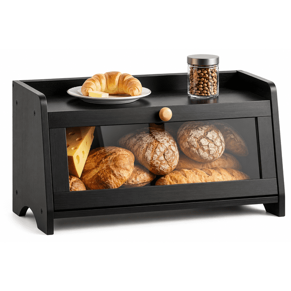 Bamboohomie Black Bread Box for Kitchen Countertop, Bamboo Bread Holder with Acrylic Window, Farmhouse Bread Bin Organizer