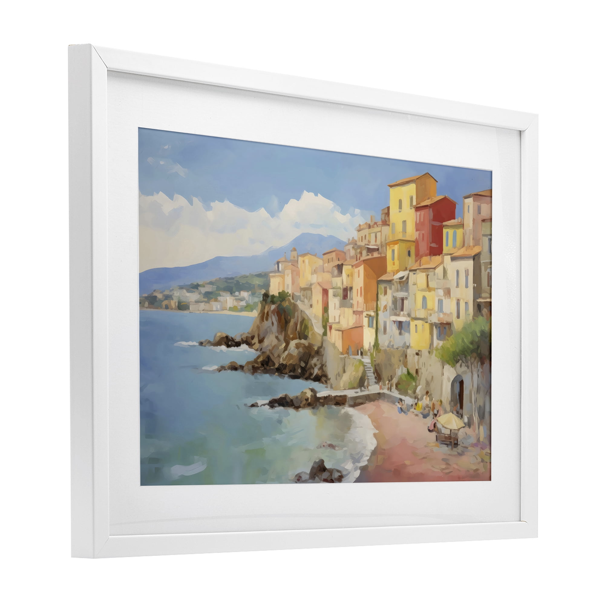 Stupell Industries Colorful Coastal Town by Sea White Framed Print Under Glass, design by Creative Studio