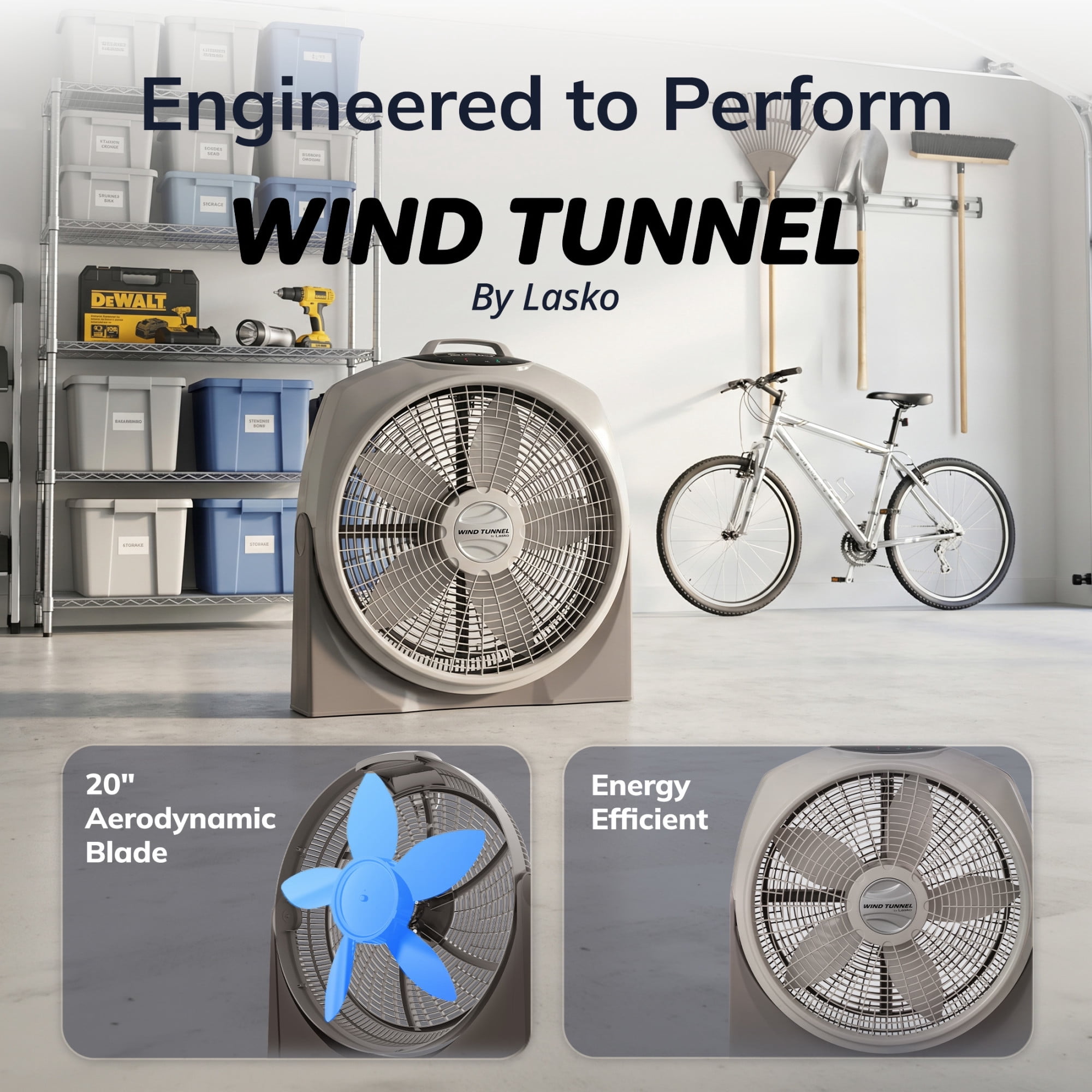 Lasko Wind Tunnel 20" Large Floor Fan with Remote Control, 3 Speeds, Pivoting Fan Head with Wall Mount Option, Gray, A20700