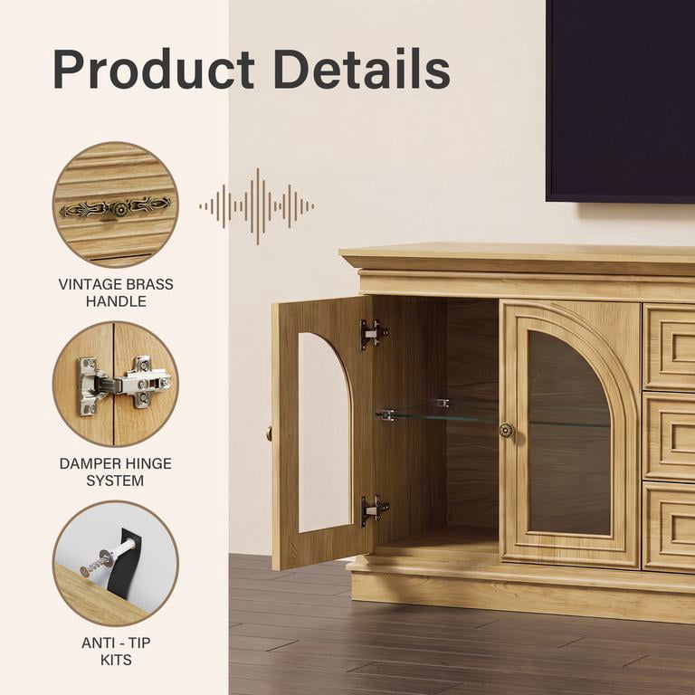 Lacoo 63'' Vintage-Style TV Stand for TVs Up to 70'' with LED Lights, Entertainment Center with Storage Cabinets and Drawers for Living Room, Natural