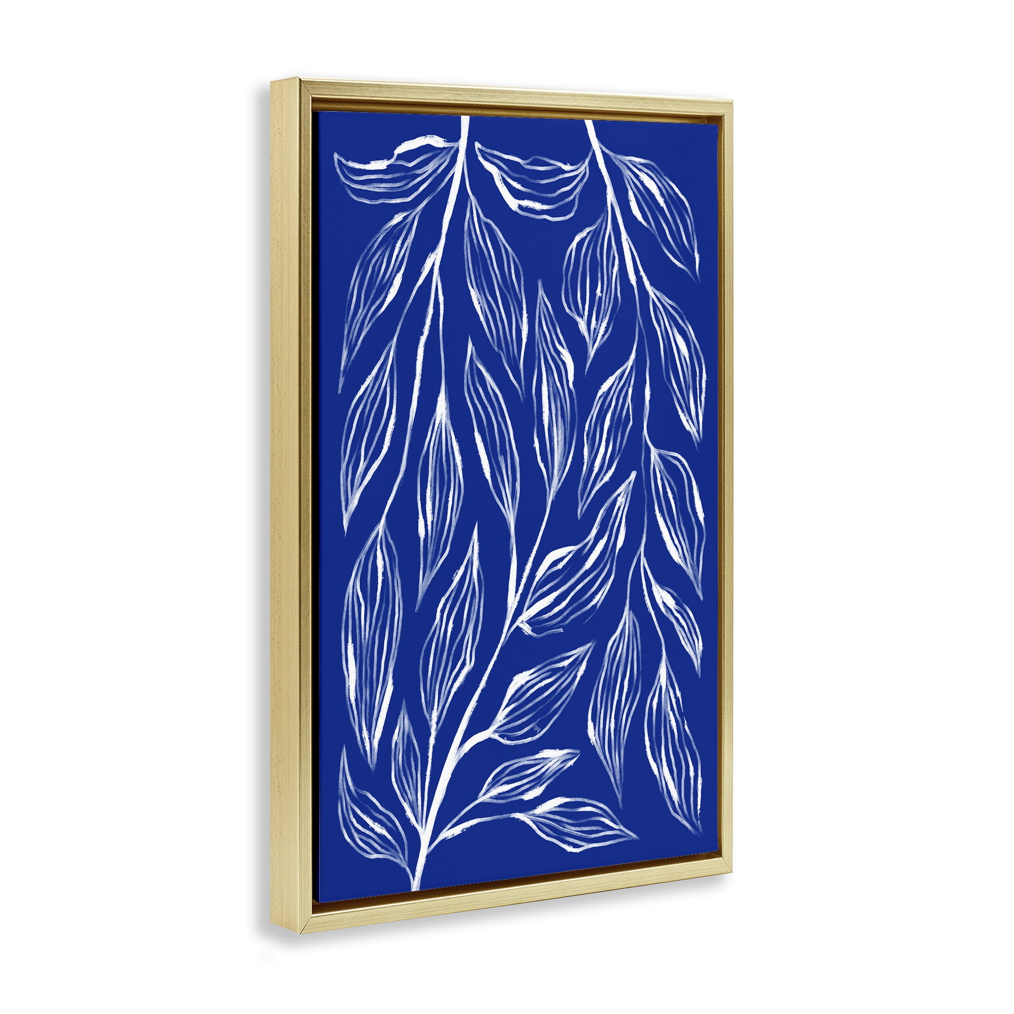 Stupell Industries Blue Leaves & Grasses Plants & Flowers Painting Gold Floater Framed Canvas Art Print Wall Art, 21 x 31