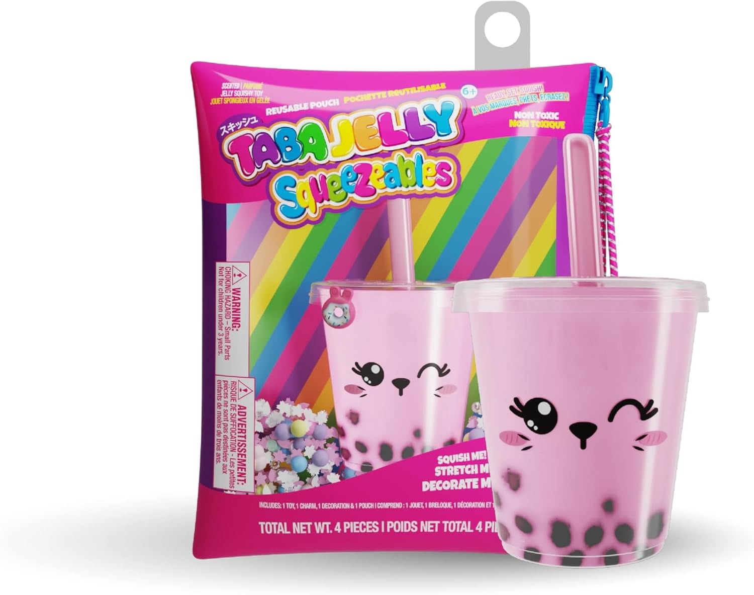 Squeezy Bubble Tea Cup Series 3 Bella Bobba, Pink Decorative Toy with Donut Charm, 1 Pieces