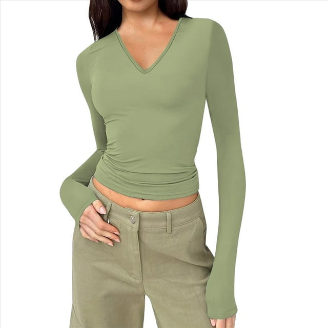 Camisas de Larga de Moda para Mujer, Blusas de Otoño con Cuello en V, Ajustadas y Recortadas, Conjuntos Y2K. Verde XL