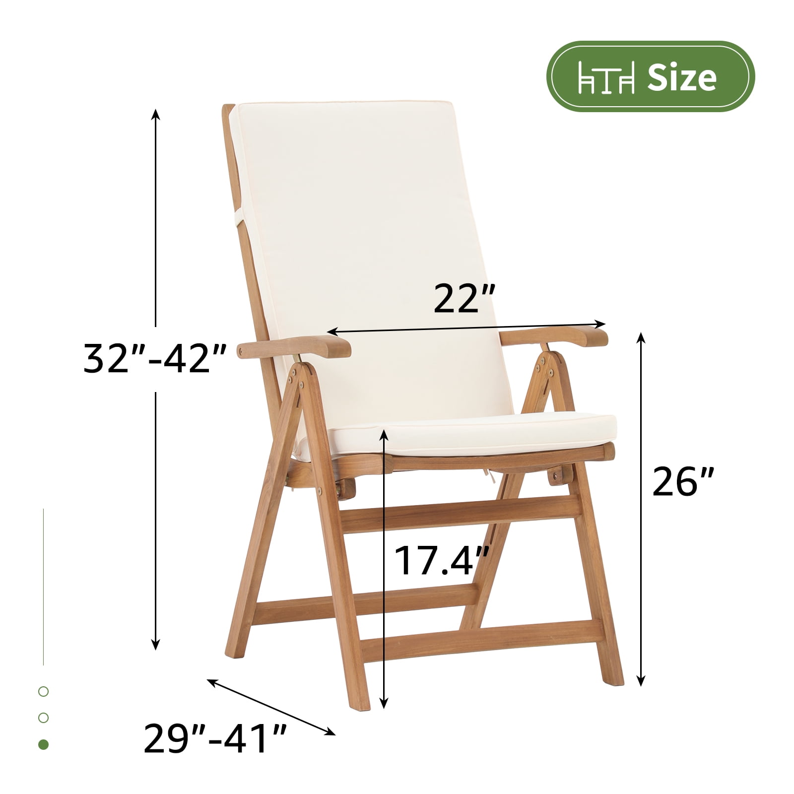 JOIVI Folding Patio Dining Chair Set of 2, Outdoor Acacia Wooden Reclining Chair w/Armrest & Removeable Cushion, FSC Certified Wood, for Porch, Backyard, Garden, Indoor, No Assembly