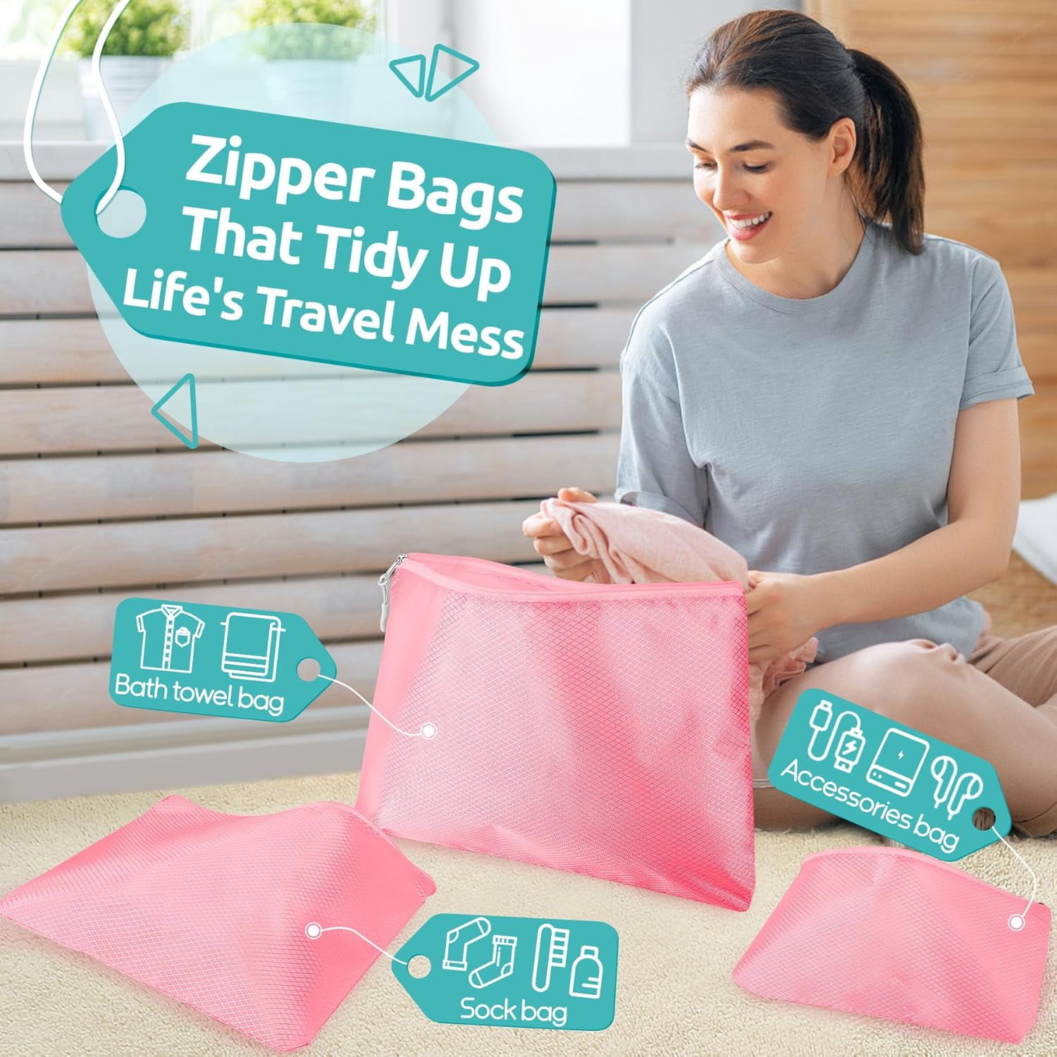 12-Piece Packing Cubes Set – Travel Essentials Luggage Organizer – Includes 4 Cubes + 3 Zip Pouches + 3 Waterproof Bags + 2 Shoe Bags – Lightweight Polyester – Beige/Pink/Black