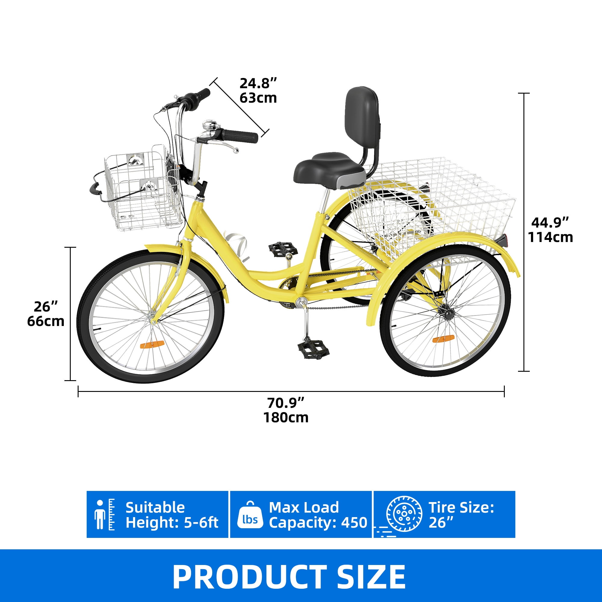 Uforic Adult Tricycle, 26 Inch 7 Speed Three Wheel Bike, Cruiser Trike with Large Seat Backrest for Men Senior Women, Yellow