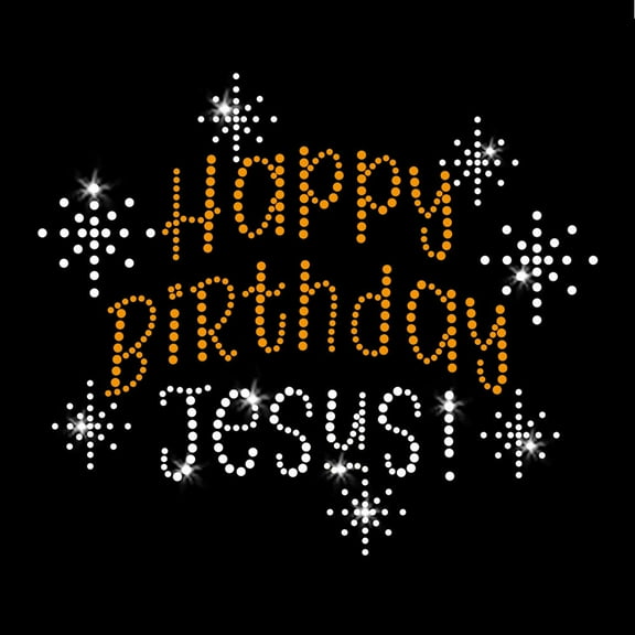 Happy Birthday Jesus Christmas Iron-on Clear Rhinestone and Gold Rhinestud Transfer by JCS Rhinestones